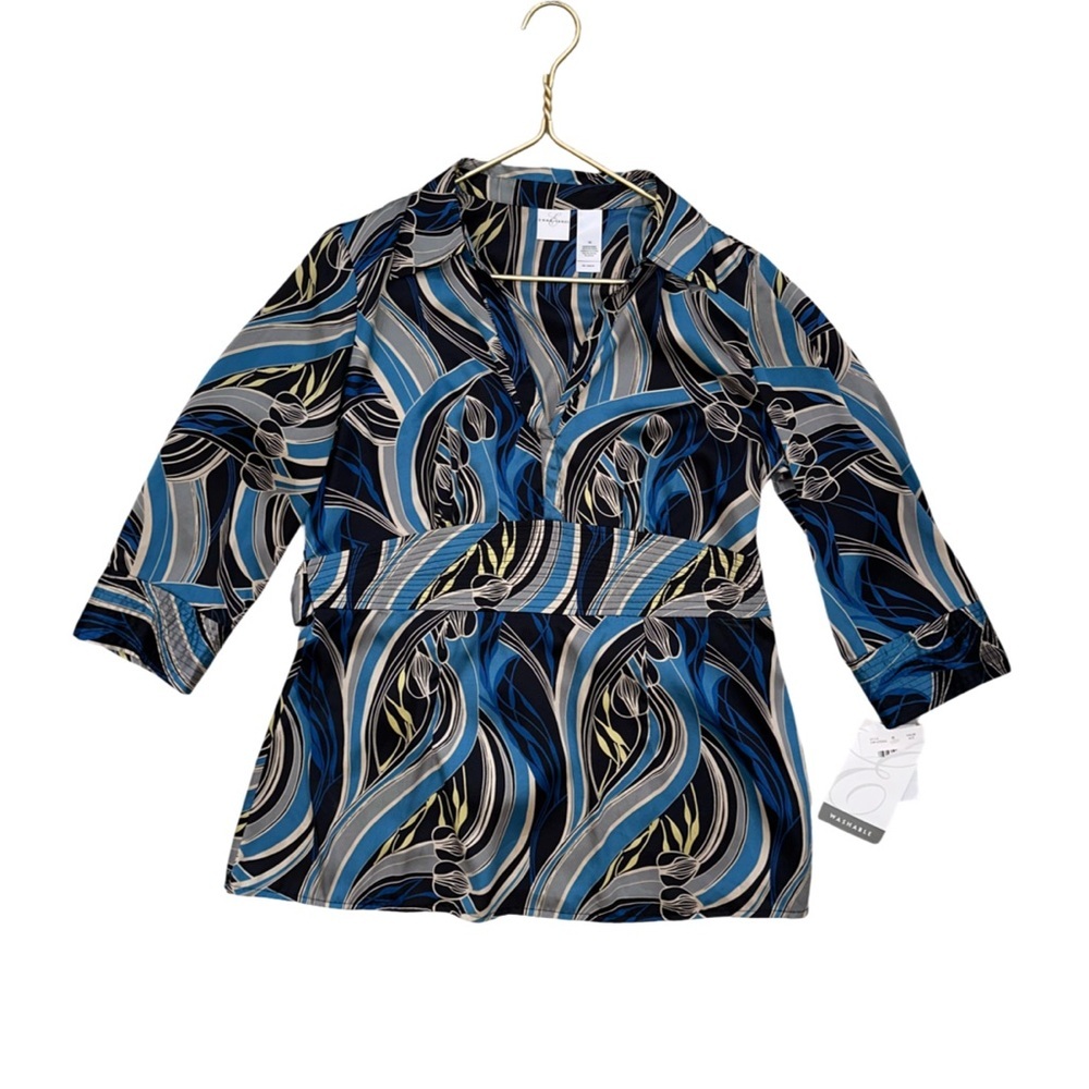 Vintage Y2K Emma James Blue and Black Patterned Blouse 14